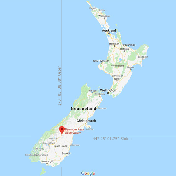 Google Karte von Neuseeland zeigt den Standort des Benmore Peak Observatory