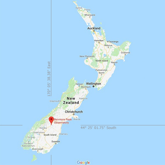 Google Map of New Zealand showing location of Benmore Peak Observatory